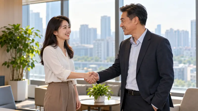 一位中国女员工与男经理在明亮的现代办公室里微笑握手，窗外是城市楼群。