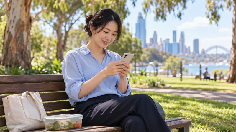 一名华人女子午休时坐在澳洲城市公园的长椅上，微笑着看手机，身旁放着午餐盒和布袋。