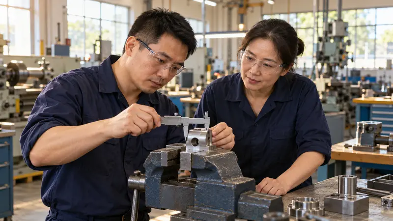 中国男技工在明亮车间用游标卡尺测量台钳上的金属零件，女技工在旁观察。