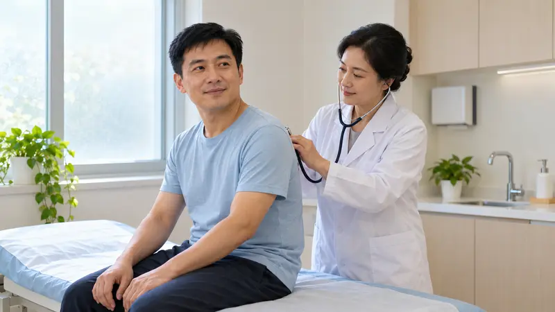 一名中国男子坐在明亮的诊室内,女医生用听诊器为他检查背部。