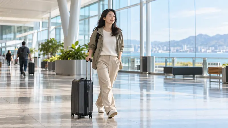 一位中国女性旅客拉着行李箱，神情轻松地走过阳光明亮的机场到达大厅。