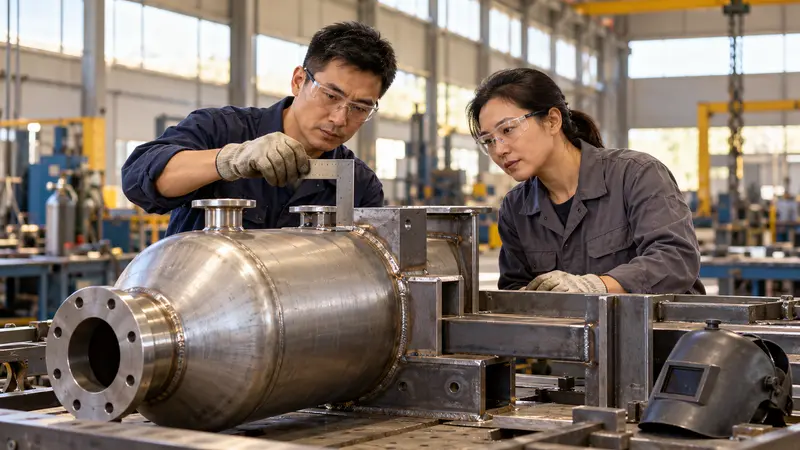 两名中国技工在明亮的金属加工车间内测量并检查压力容器及钢结构焊接部位。