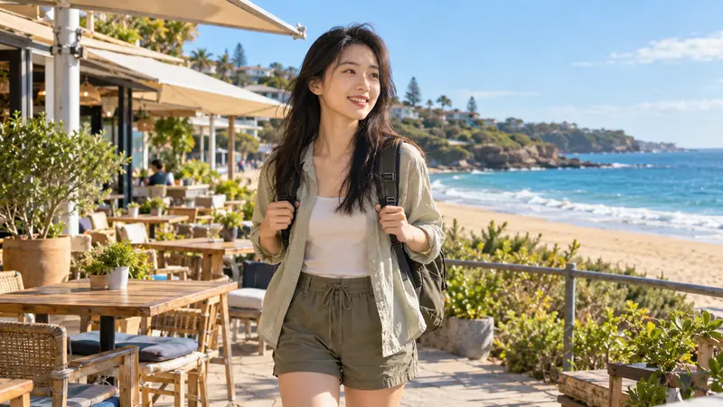 一位年轻中国女性背着背包站在阳光明媚的澳洲海滨小镇，身后是露天咖啡馆、沙滩与碧蓝海水。