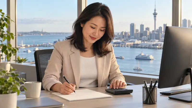 一位华人女会计在奥克兰海港旁的明亮办公室里，手持笔并使用计算器工作。