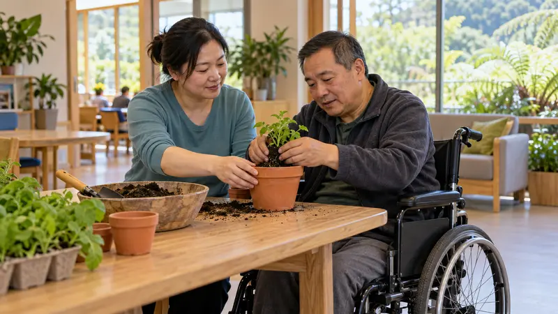 一名华人女性支持工作者在明亮的社区中心帮助坐轮椅的华人男子种植盆栽。