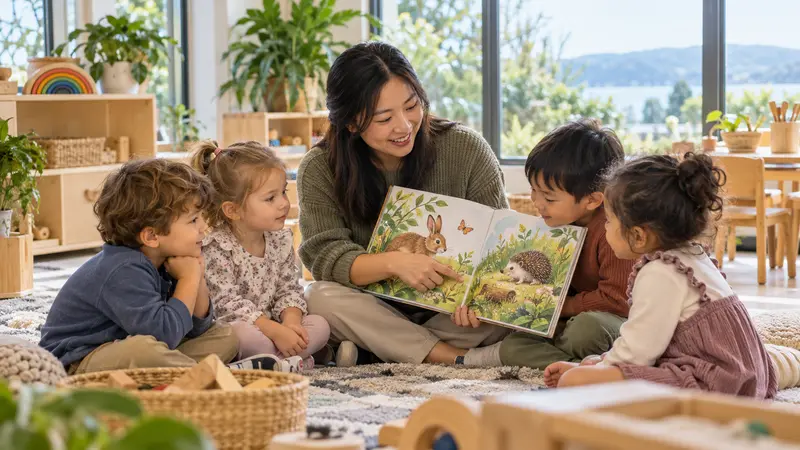 一位中国幼儿教师在阳光明亮的新西兰教室里，与四名孩子围坐在地毯上共读动物绘本。