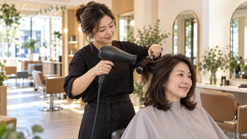 一位华人女发型师在明亮的现代沙龙里，用吹风机和圆梳为女顾客打理头发。