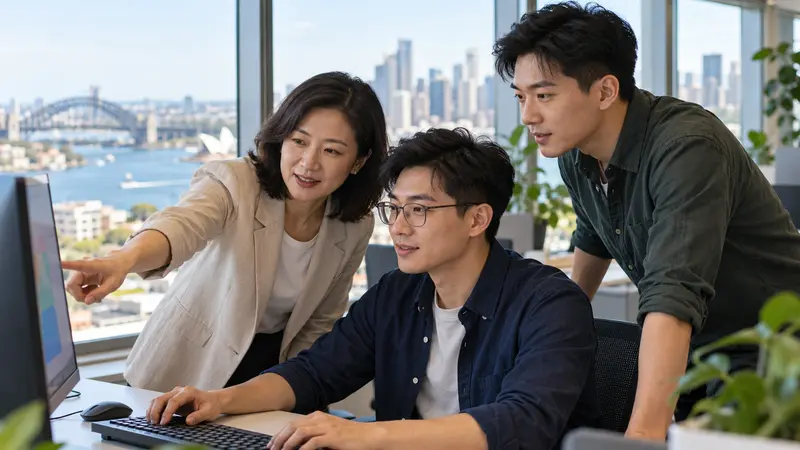 一名中国软件开发者与两位同事在悉尼现代办公室协作，窗外可见海港大桥和歌剧院。