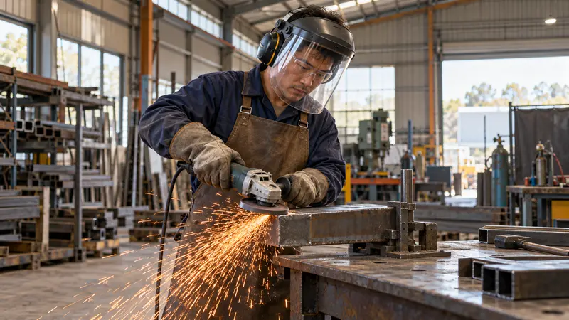 一位中国金属加工工人在澳大利亚车间佩戴面罩、耳罩和手套打磨钢材，火花四溅。