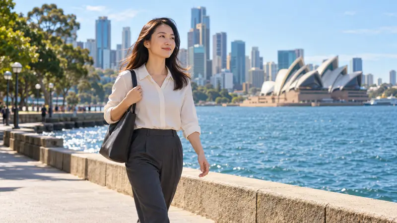 一位身穿白衬衫和灰色长裤的华人女性走在阳光下的悉尼海港步道上，远处是悉尼歌剧院和城市天际线。