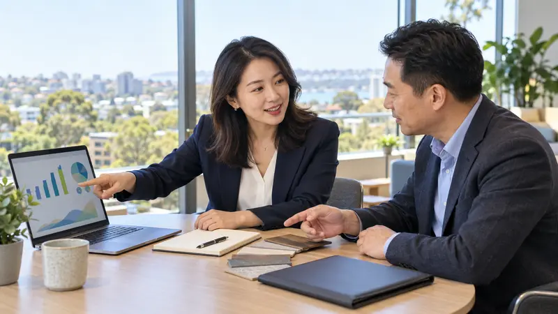 一位华人女客户经理在明亮的办公室向男客户讲解电脑图表并讨论样品。