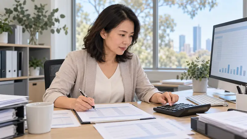 一位华人女会计师在明亮的办公室里使用计算器和电脑核对财务报表。