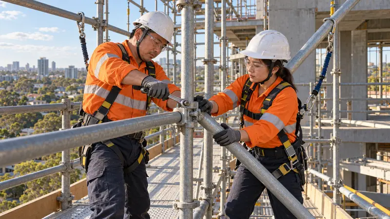 两名中国脚手架工身穿反光工作服、佩戴安全帽和安全带，在建筑工地协作紧固钢管扣件。