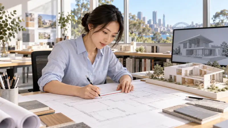 一位华人女性在明亮的建筑事务所用尺笔绘制平面图，桌旁摆放着建筑模型。