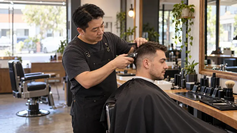 一名华人理发师在明亮的理发店内用电推剪为男顾客修剪短发。