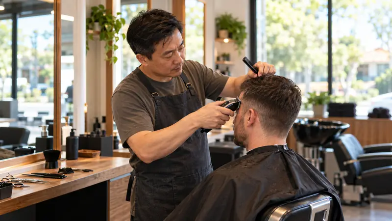 一名华人理发师在明亮的理发店里用电推剪为男顾客修剪头发。