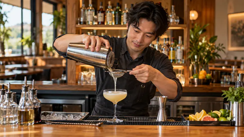 一名华人调酒师在温暖明亮的酒吧内，将调好的鸡尾酒过滤倒入高脚杯。