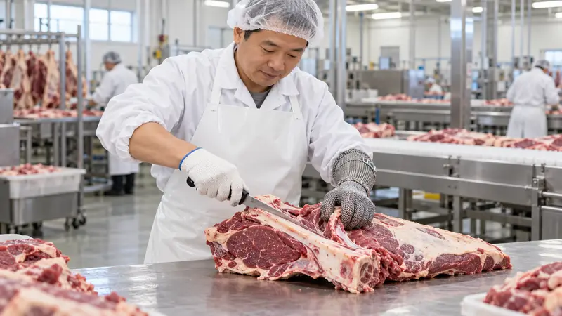一名中国工人戴着发网和防割手套，在肉类加工车间的不锈钢台上持刀为牛肉剔骨。