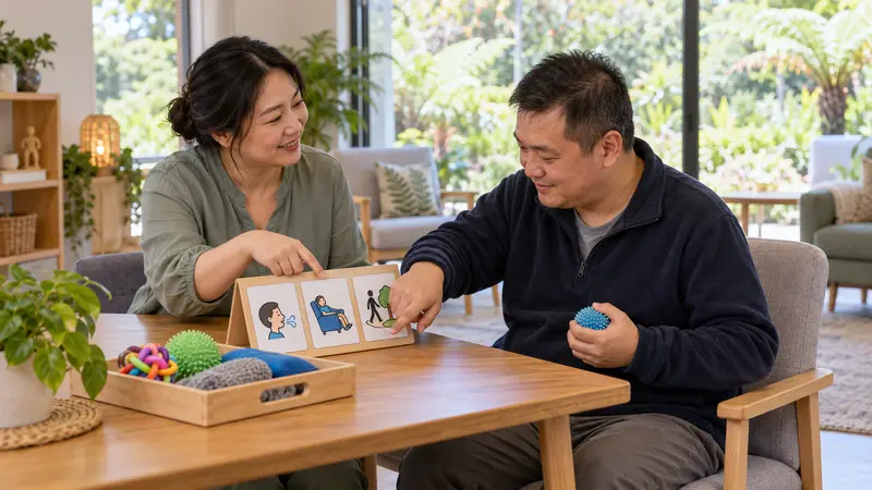 一名华人行为支持员在明亮的客厅里，用图示卡和感官球协助成年男子练习情绪调节。