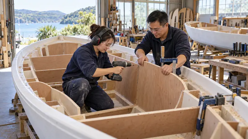 两名华人造船工戴着护目镜，在临海船厂用电钻和夹具安装未完工船体的木质舱壁。
