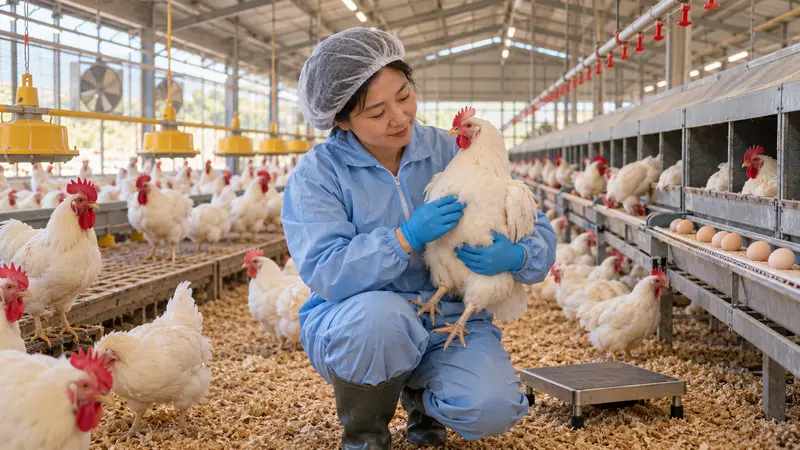 一名穿防护服的华人女性在种鸡舍内检查母鸡，身旁可见鸡群、产蛋箱和种蛋。