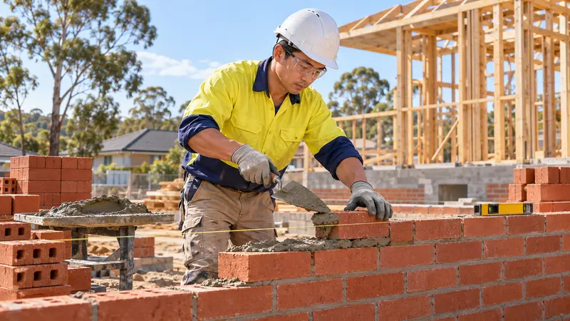 一名戴安全帽、穿高可视工作服的华人砌砖工在澳大利亚住宅工地用砖刀抹砂浆砌红砖墙。
