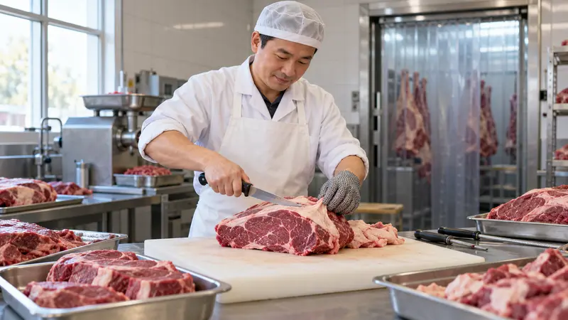 一名华人肉类分割师身穿白色工作服、戴着防割手套，在整洁的肉店操作台前修切牛肉。