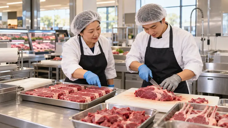 一名华人肉类部副经理在超市肉类加工区检查牛排，并指导戴防割手套的同事修切牛肉。