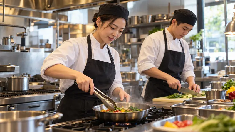两名中国厨师在餐厅后厨协作，女厨师翻炒蔬菜，男厨师切配食材。