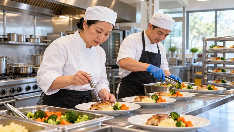 华人女厨师经理在商用厨房检测餐食温度，旁边的男厨师正用夹子分装蔬菜。