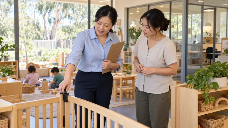 一位华人托儿中心主任与同事检查活动室安全门，身后有正在玩积木的幼儿。
