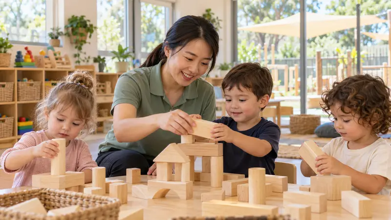 一位华人幼儿保育员在明亮的澳大利亚托育中心陪三名幼儿搭积木。