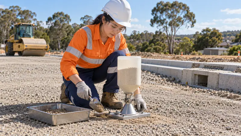 一名华人女土木工程技术员穿戴安全装备，在澳大利亚道路工地使用灌砂仪检测路基压实度。