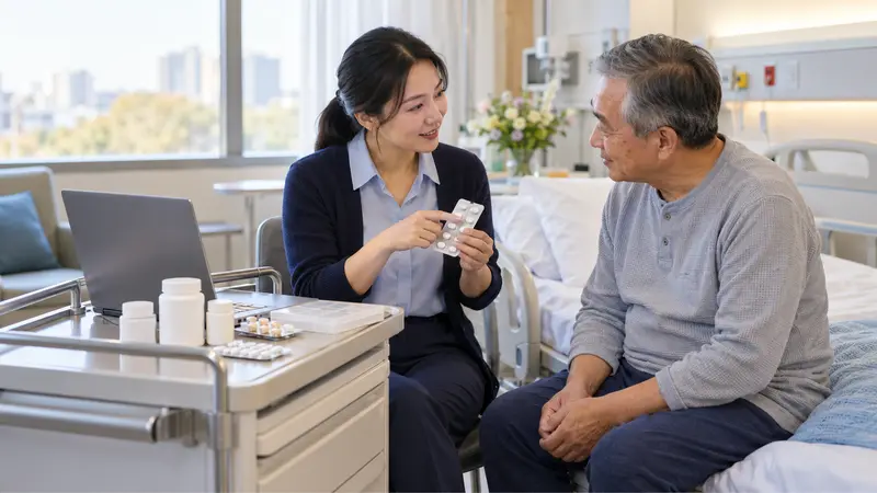 一位华人临床药师在医院病床旁手持药板，向年长患者讲解用药。