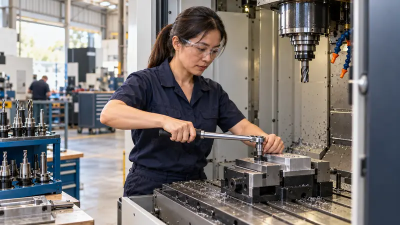 一名戴护目镜的华人女技工在车间内用扭矩扳手固定数控铣床上的金属工件。