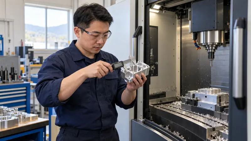 一名戴护目镜的中国工人在数控机床旁用卡尺测量金属零件。