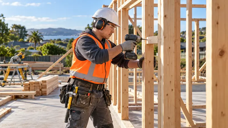 一名戴安全帽、穿反光背心的华人建筑技工在新西兰工地用电动工具固定木结构墙架。