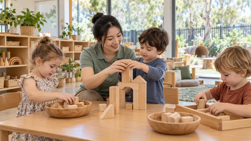 一位华人幼儿教师在明亮的澳大利亚幼教中心陪伴三名幼儿搭建木质积木。