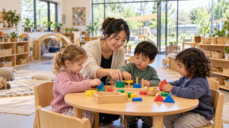一位华人幼儿教师在明亮的新西兰幼教中心指导三名幼儿摆放彩色木制积木。