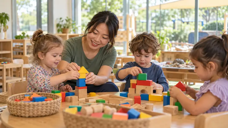 一位华人幼儿教师在明亮的澳大利亚幼儿园里指导三名孩子搭建彩色积木。