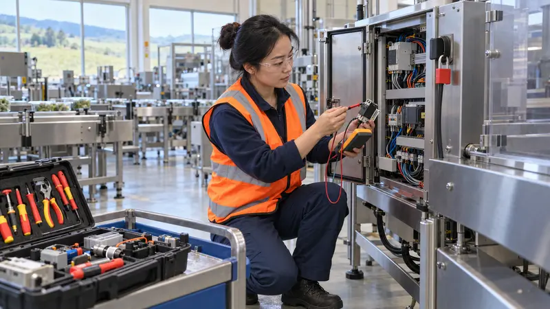 一名穿反光背心、戴护目镜的中国女技术员在新西兰工厂用万用表检修包装设备。