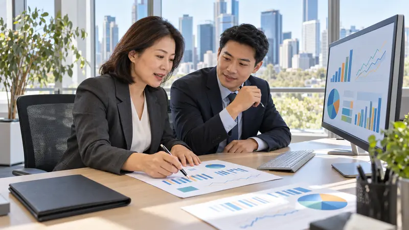 一位华人高级财务经理与同事在明亮的办公室里核对财务报表和电脑图表。