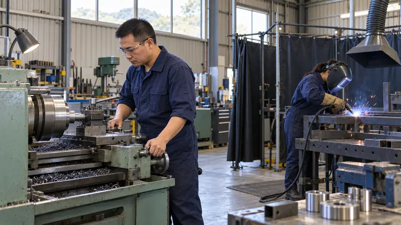 两名中国工人在金属加工车间内，分别操作车床加工零件和佩戴防护面罩焊接钢架。