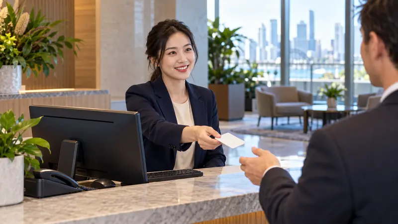 一位华人女前台在明亮的办公室接待区微笑着向访客递出门禁卡。