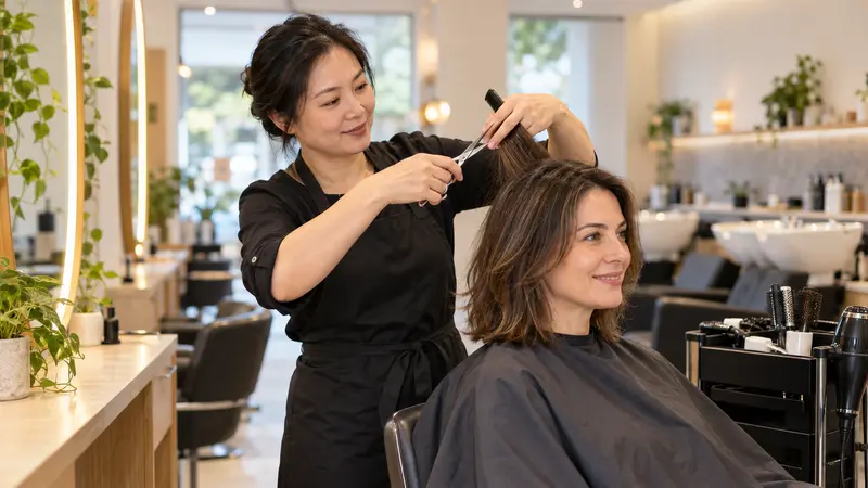 一位华人女美发师在明亮的美发沙龙里用剪刀和梳子为女顾客修剪头发。