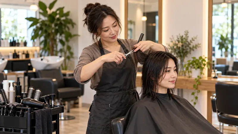 一位华人女发型师在明亮的美发沙龙里，用剪刀和梳子为女顾客修剪湿发。