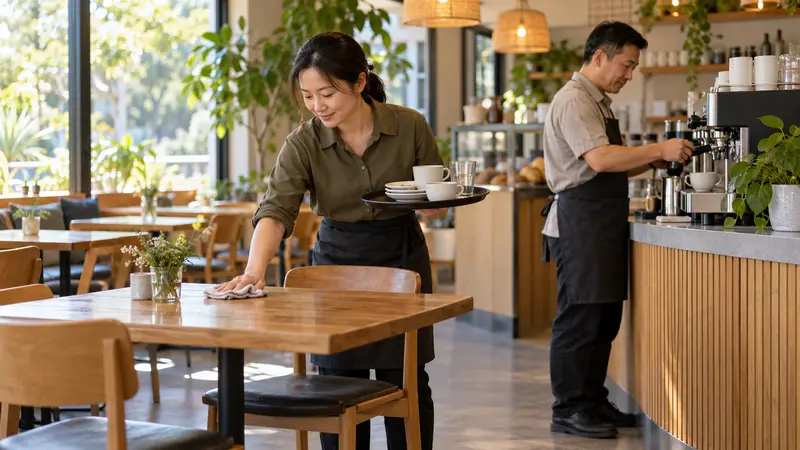 阳光明亮的咖啡馆里，一名华人女员工端着餐具擦桌，另一名华人男员工正在制作咖啡。
