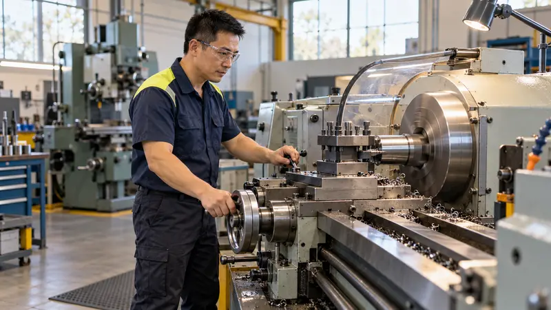 一名戴护目镜的中国机加工技工在明亮的车间操作车床加工金属零件。