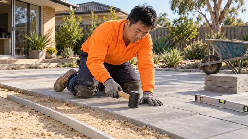 一名穿橙色工作服、戴手套和护膝的中国工人在澳洲住宅庭院用橡胶锤铺设地砖。