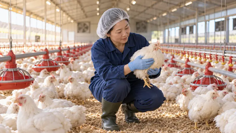 一名华人女性养鸡场经理穿着工作服、戴着手套，在配有喂料和饮水设备的鸡舍内检查白鸡健康。